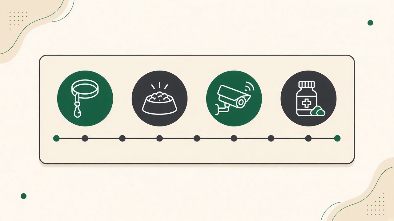 Floor-ops icons for walks, meals, photos, and meds logged on a stay timeline