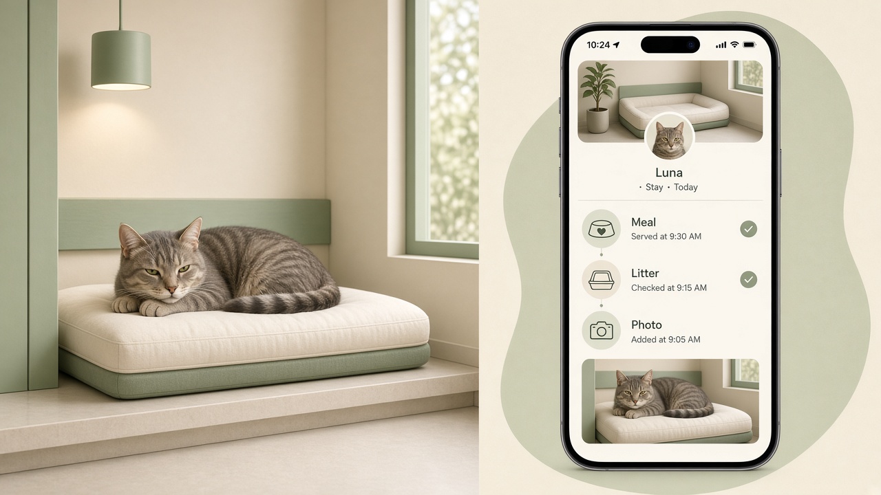 Art-deco style illustration of a cat on cattery shelves — cat hotel software for boarding suites