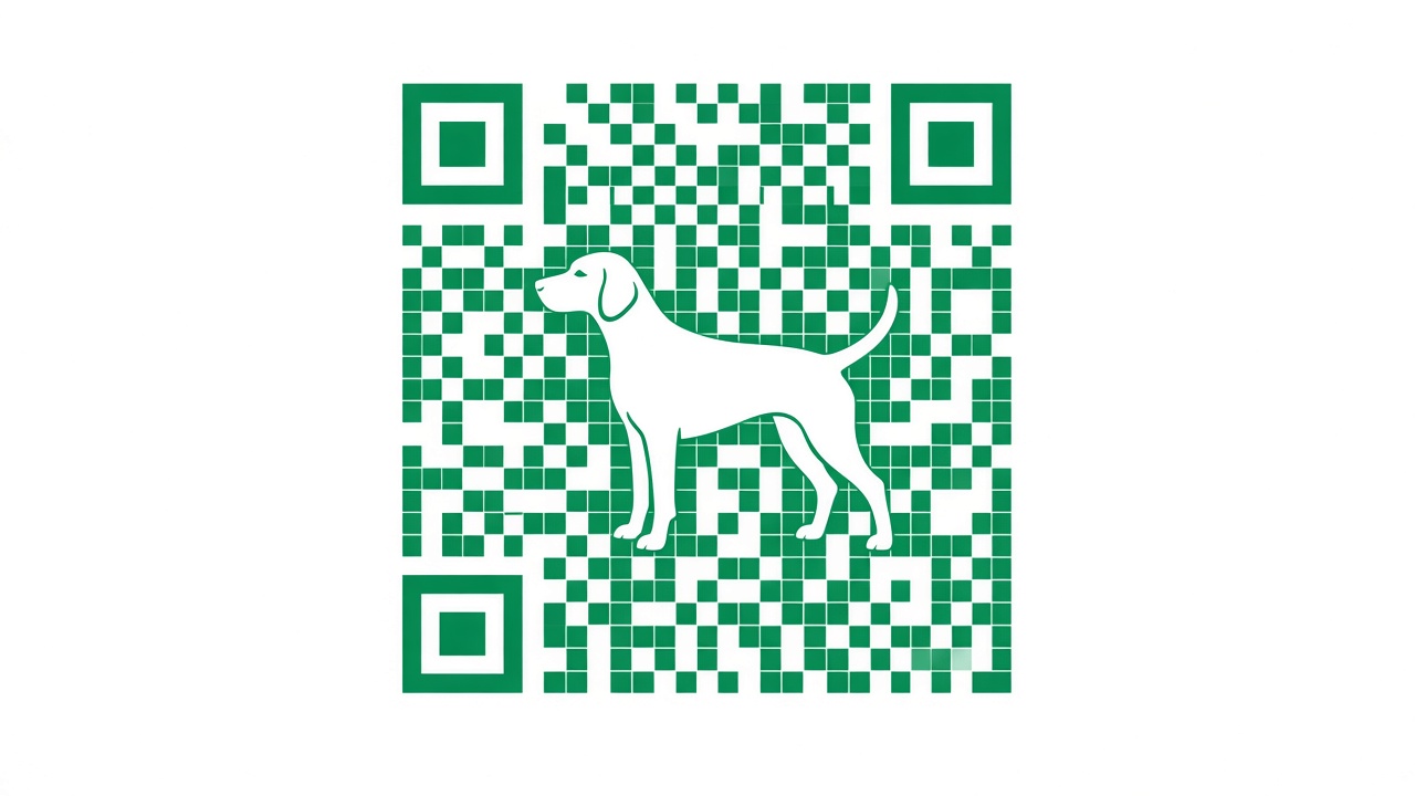 Graphic QR pattern with a dog silhouette — live stay link instead of an app store download