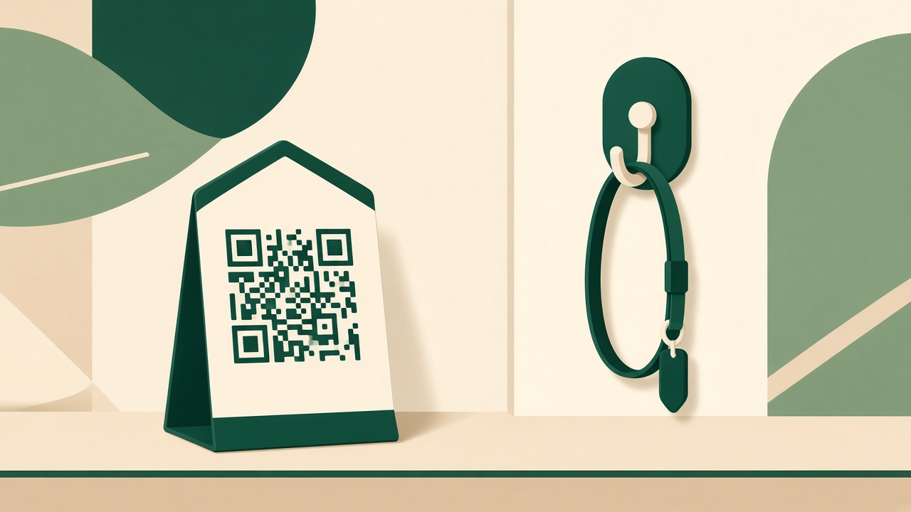 Front-desk QR standee next to leash hooks for sharing the owner stay link at check-in