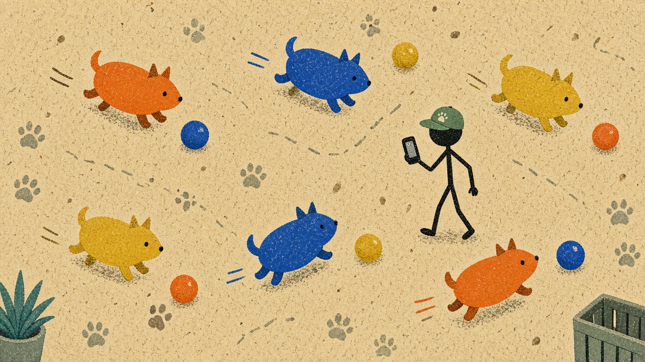 Top-down illustration of a busy dog daycare play floor with geometric dogs and toys